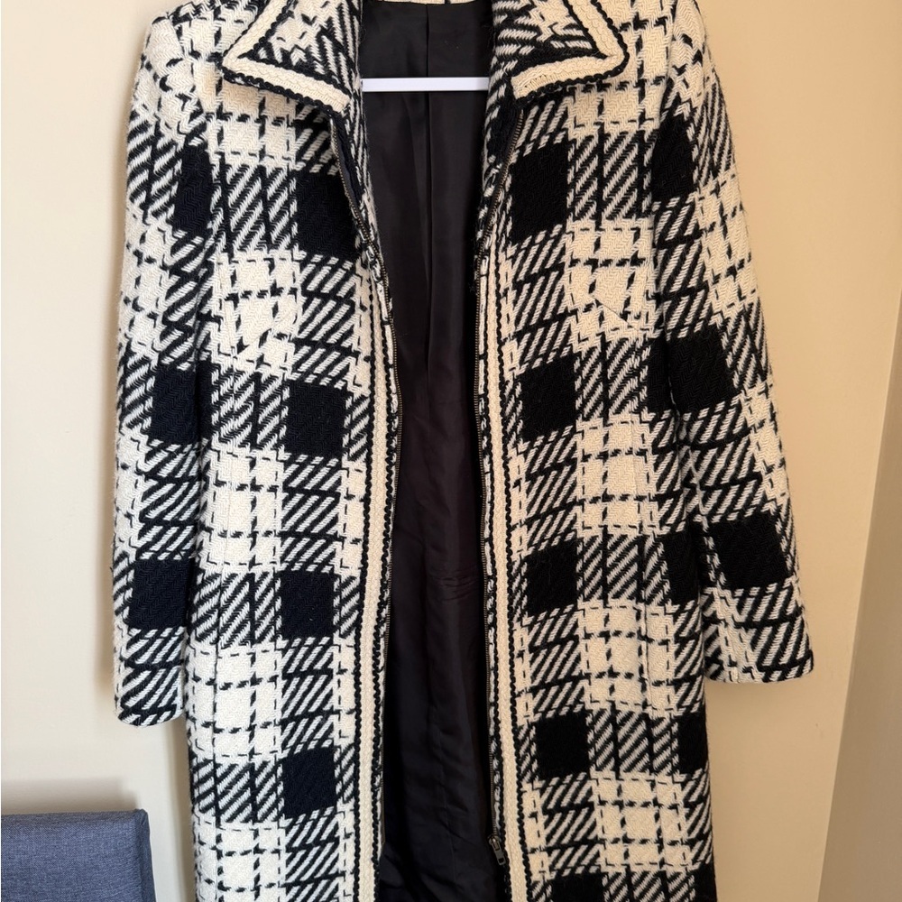 Angel Nina Plaid Wool Blend Coat Women Size 40 Black Cream Long Zip Jacket - Picture 4 of 16